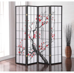 Black 4 Panel Room Divider Partition - Japanese Plum Blossom (17.25"L x 1"W x 70.5"H each panel)