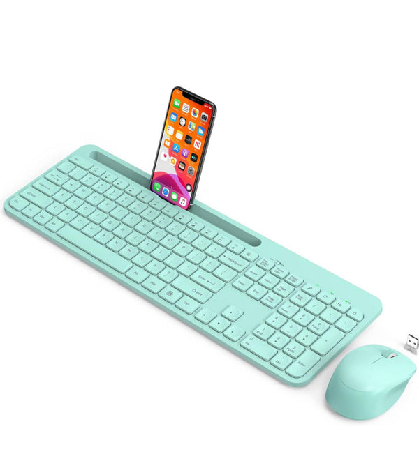 Wireless Keyboard and Mouse Combo, WisFox 2.4GHz Ergonomic USB Keyboard with Phone Holder, Full-Size Keyboard and Mouse