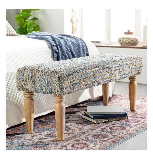 Surya Cambrai Modern Cotton Jute and Wood Bench in Denim/Brown