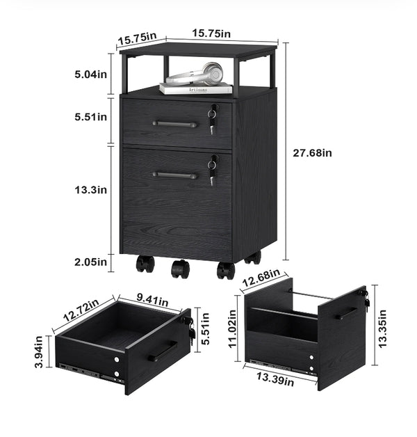 File Cabinet with Lock & Charging Station, 2 Drawers Rolling Filing Cabinet with Wheels & Open Shelf - Black