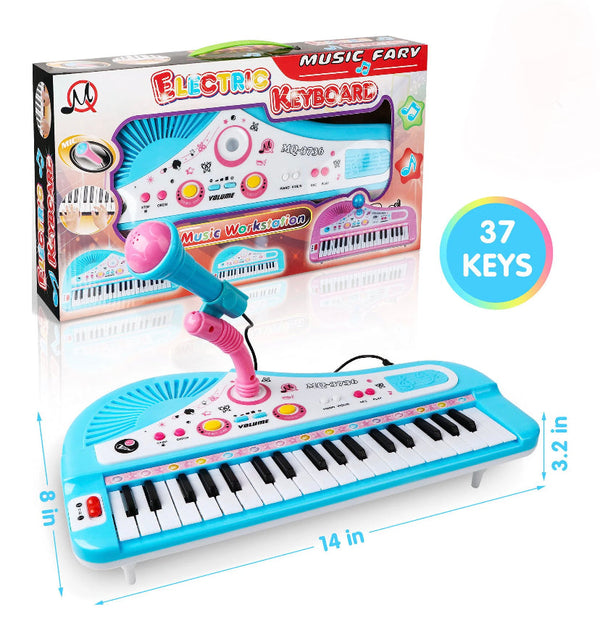 Hot Bee Baby Piano Toys for Kids, Blue Musical Keyboard Instrument with Microphone for Toddlers Boys Girls