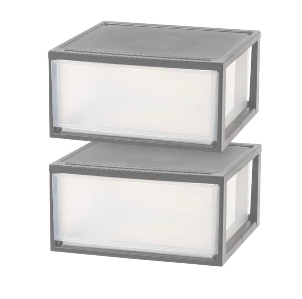 IRIS USA, 47 Qt. Extra Large Plastic Stackable Storage Drawers, Modular, Gray Clear, Set of 2 ***open box***