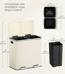 SONGMICS 2 x 10.6 Gallon Garbage Trash Can 2 Compartments Foot Pedal Soft Close Lid - Almond