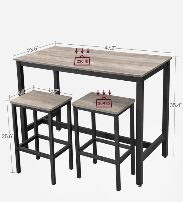 VASAGLE Bar Table Set, Bar Table with 2 Bar Stools, Dining table set, Kitchen Counter with Bar Chairs