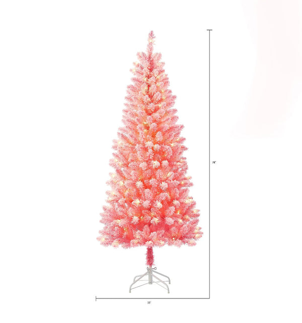 6.5 ft Pre-Lit Pink Flocked Pine Artificial Christmas Tree, 200 Clear Lights, Pink, by Holiday Time