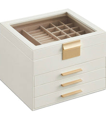 SONGMICS Jewelry Box with Glass Lid 4-Layer Jewelry Organizer 3 Drawers 8 x 9.1 x 6.5 Inches Cloud White