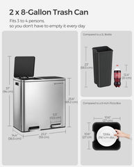 SONGMICS 2 x 8 Gallon Garbage Trash Can 2 Compartments Foot Pedal Soft Close Lid - Silver Black