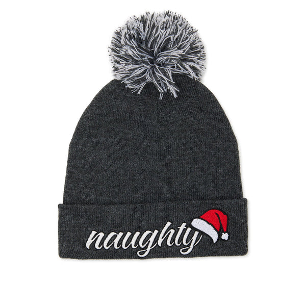 Holiday Time Women's Naughty Nice Pom Pom Beanie Hat Grey