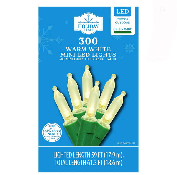 300-Count Warm White LED Mini Christmas Lights with Green Wire, 61.3', Holiday Time