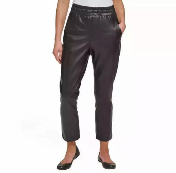 Women's Faux Leather Pull On Elastic Waist Pants Black - L