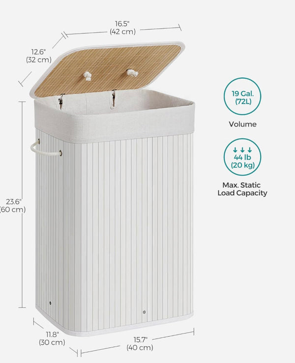 SONGMICS Foldable Laundry Hamper with Lid 19 Gal. Bamboo Laundry Basket Rectangular Storage Hamper with 3 Handles 15.7 x 11.8 x 23.6 Inches - White