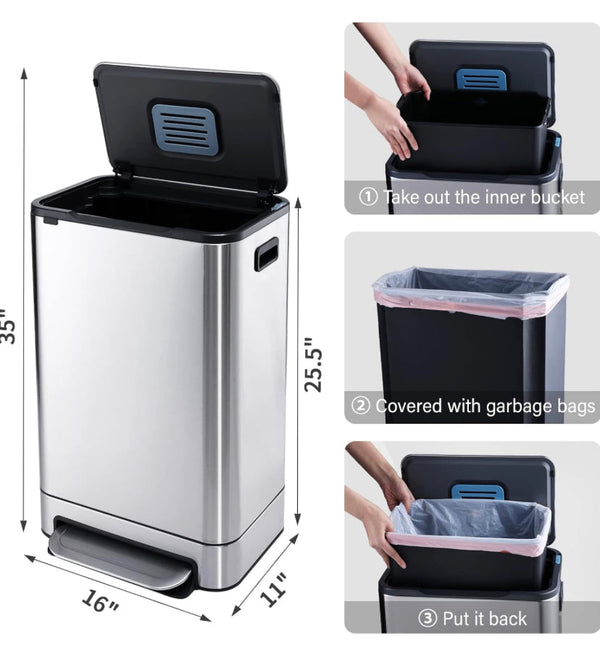 ELPHECO 13.2gal Stainless Steel Trash Can w/ Soft Slow Lid 50L Pedal. Removable Plastic Inner Bucket Waste Bin - Silver