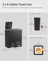 SONGMICS 2 x 8 Gallon Garbage Trash Can 2 Compartments Foot Pedal Soft Close Lid - Black