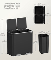 SONGMICS 2 x 10.6 Gallon Garbage Trash Can 2 Compartments Foot Pedal Soft Close Lid - Black