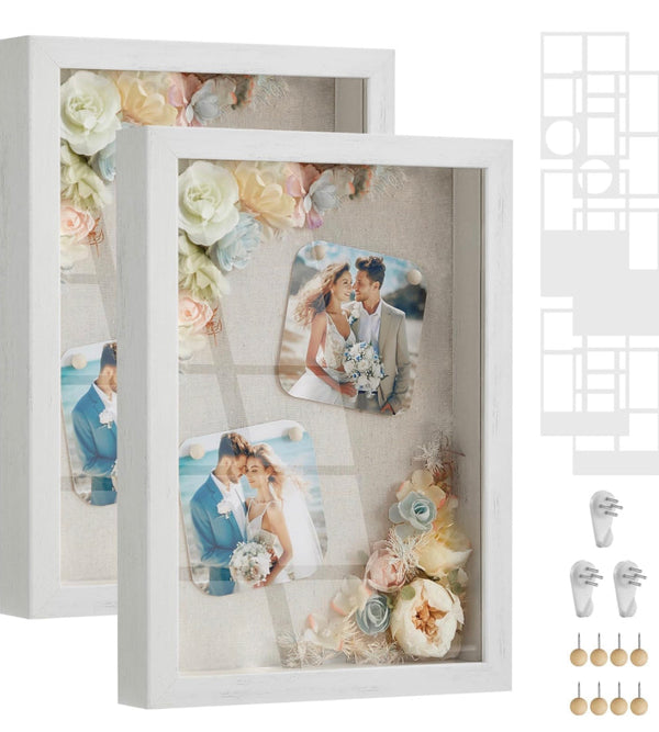 SONGMICS A4 Picture Frames with 6 Mats Set of 2 Shadow Boxes with 8 Wood Push Pins 4x6 or 4x4 Photos