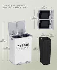SONGMICS 2 x 8 Gallon Garbage Trash Can 2 Compartments Foot Pedal Soft Close Lid - Matte White