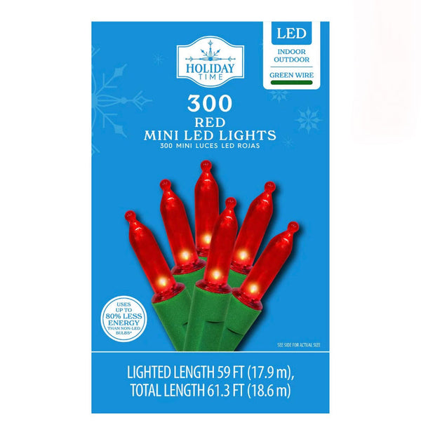 300-Count Red LED Mini Christmas Lights with Green Wire, 61.3', Holiday Time