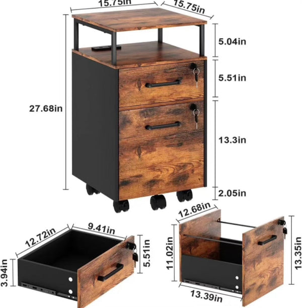 File Cabinet with Lock & Charging Station, 2 Drawers Rolling Filing Cabinet with Wheels & Open Shelf - Brown