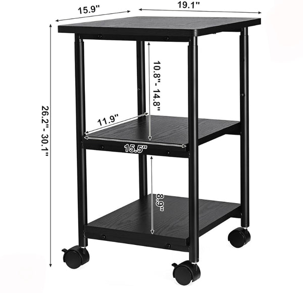 VASAGLE  3-Tier Cart with Wheels and Adjustable Table Top Heavy Duty Storage Rack Black