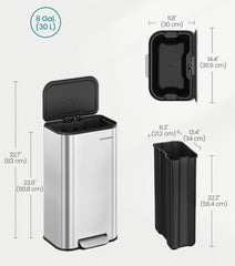 SONGMICS 8 Gallon Garbage Trash Can Wide Foot Pedal Soft Close Lid - Stainless Steel