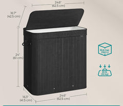 SONGMICS 39.6-Gallons Bamboo Laundry Hamper 3 Section w/ Lid & Handles - Black