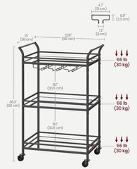 VASAGLE 24" Bar Cart Black Large Home Bar Serving Cart w/ 3-Tier Mirrored Shelves - Black