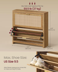 VASAGLE Boho Shoe Storage Cabinet Rattan Look Flip Drawers Entryway - Natural Brown