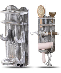 Rustic Wooden Hair Tool Wall Mount -Blowdryer & Styling Tool Holder for Bathroom