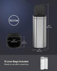 Songmic 13 Gallon Motion Sensor Kitchen Trash Can - Silver