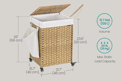 SONGMICS 120 L Rolling Laundry Hamper Rattan Basket w/ Wheels - Natural