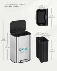SONGMICS 13-Gallon (50 L) Kitchen Trash Can Stainless Steel Soft Close - Silver