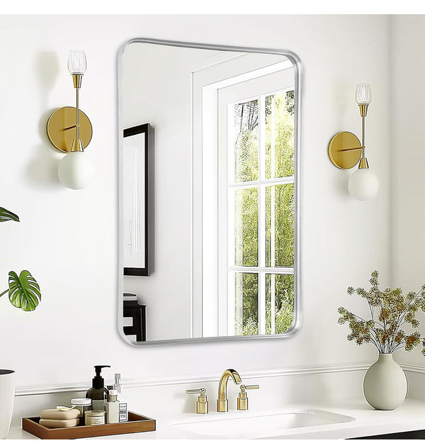 Glomo 24"x36" Silver Bathroom Mirror for Wall Rounded Rectangle Vanity Mirror for Bathroom Tempered Glass