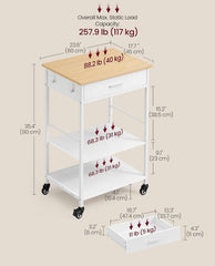 VASAGLE Kitchen Island Cart w/ Storage Drawer Adjustable Shelf w/ 2 Hooks - Oak Beige / White