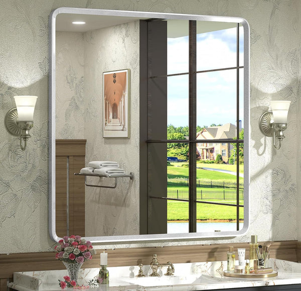 Glomo 40"x32" Bathroom Mirror Rounded Rectangle Mirror with Beveled Border - Silver