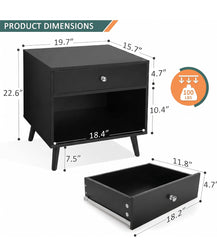 VASAGLE Modern Nightstand w/ Drawer & Storage Shelf - Black