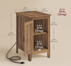 VASAGLE Farmhouse Side Table w/ Charging Station & Storage Cabinet Nightstand - Warm Brown