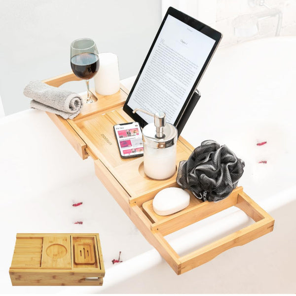 Bathtub Tray for Tub Upgraded Bamboo Bathtub Caddy Tray Expandable & Foldable