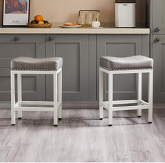 25" Counter Height Barstools Saddles Stools w/ Light Grey & Matte White Powder Coat Metal Base - Set of 2