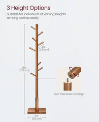 VASAGLE Solid Wood Coat Rack Free Standing w/ 8 Hooks & 3 Height Options - Walnut