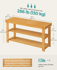 SONGMICS 35.4" Shoe Rack 3-Tier Bamboo Entryway Bench - Bamboo