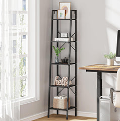Ladder Bookshelf Bookcase Freestanding Corner Storage Shelve with 2 Hooks - Black