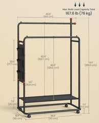 SONGMICS HOME Double-Rod Clothes Rack w/ Wheels & Storage Bag - Black