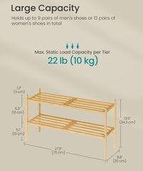 SONGMICS Bamboo Shoe Rack 2-Tier Stackable Organizer for 9-12 Pairs - Bamboo