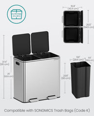 SONGMICS 2 x 10.6 Gallon (2 x 40 L) Trash Can w/ Hinged Lid Air Tight - Silver & Black
