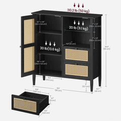 VASAGLE Boho Buffet Cabinet Rattan Sideboard w/ Drawers & Adjustable Shelves - Ink Black