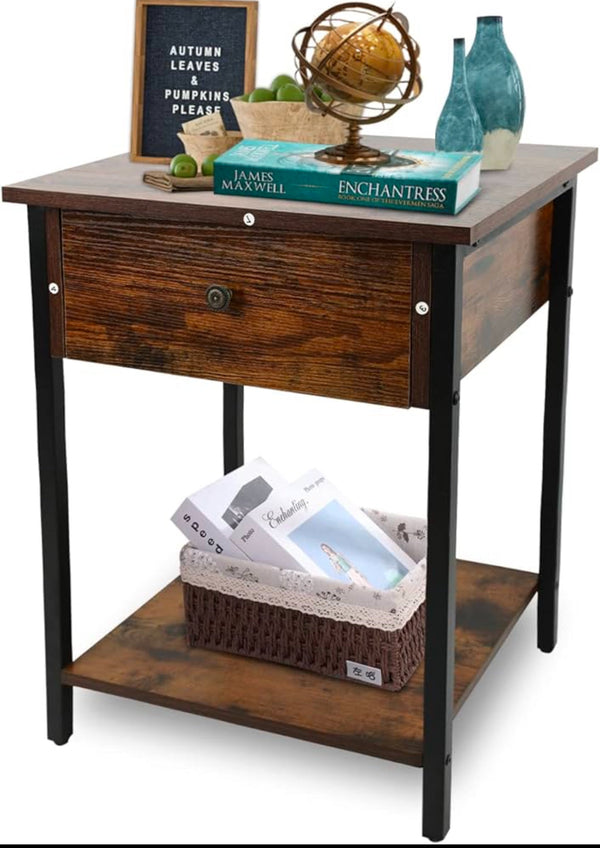 2-Tier Nightstand Side Table with Wooden Drawer  Brown 17.5"L x 15.5"W x 24"H