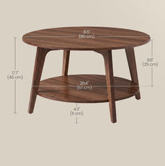 VASAGLE Round Coffee 2-Tier Center Table w/ Storage Tapered Legs - Chestnut Walnut