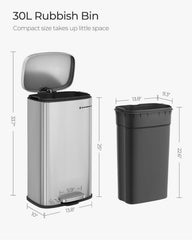 SONGMICS 8 Gallon (30 L) Trash Can Stainless Steel w/ Step-On Pedal - Silver