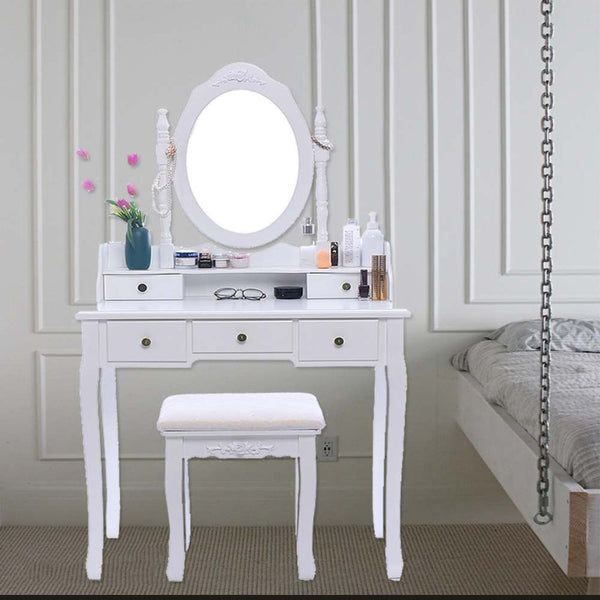 Classic White Makeup Vanity Set w/ Silver Decor ( chair included )