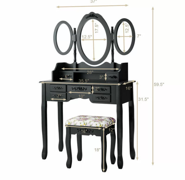 Classic Black Makeup Vanity w/ three Mirrors Set ( chair included )